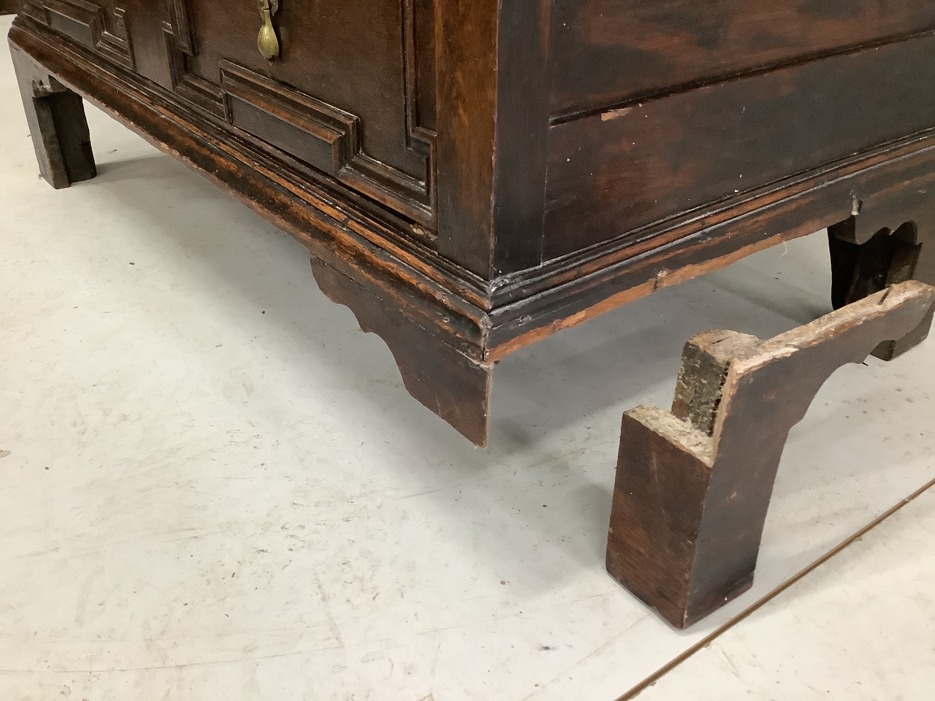 An early 18th century and later oak two part chest, width 96cm, depth 53cm, height 97cm